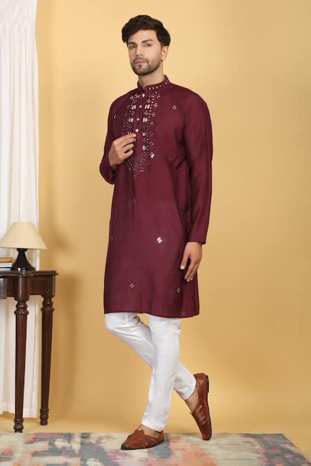 Shop_Aham-Vayam_Maroon Cotton Mirrors, Embroidery Rajat Work Kurta Set _Online_at_Aza_Fashions