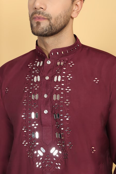 Aham-Vayam Maroon Cotton Mirrors, Embroidery Rajat Work Kurta Set at Aza Fashions Aham-Vayam_Maroon Cotton Mirrors, Embroidery Rajat Work Kurta Set _at_Aza_Fashions
