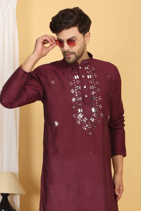 Buy_Aham-Vayam_Maroon Cotton Mirrors, Embroidery Rajat Work Kurta Set 