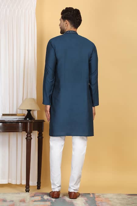 Shop_Aham-Vayam_Blue Cotton, Silk Embroidery Rajat Kurta Set _at_Aza_Fashions