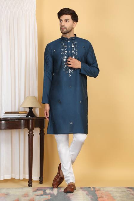 Aham-Vayam_Blue Cotton, Silk Embroidery Rajat Kurta Set _Online_at_Aza_Fashions