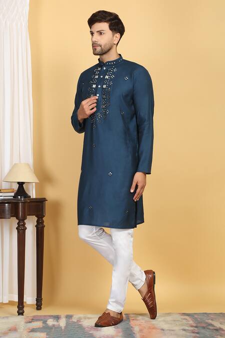 Buy_Aham-Vayam_Blue Cotton, Silk Embroidery Rajat Kurta Set _Online_at_Aza_Fashions