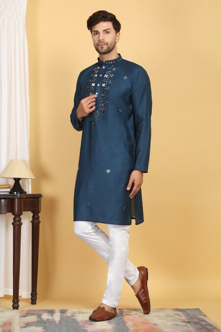 Shop_Aham-Vayam_Blue Cotton, Silk Embroidery Rajat Kurta Set _Online_at_Aza_Fashions