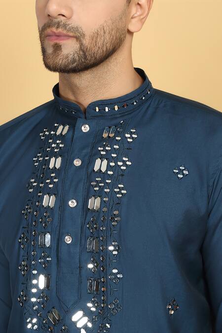 Aham-Vayam_Blue Cotton, Silk Embroidery Rajat Kurta Set _at_Aza_Fashions