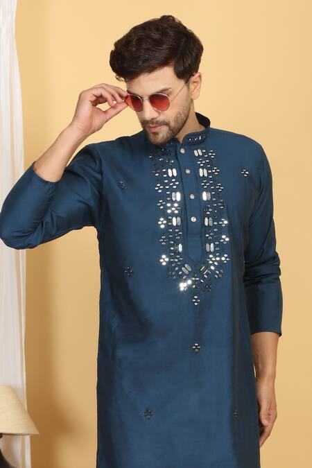 Buy_Aham-Vayam_Blue Cotton, Silk Embroidery Rajat Kurta Set 