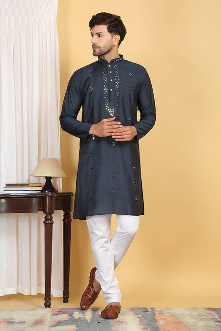Aham-Vayam Blue Cotton, Silk Mirrors, Embroidery Swarna Work Kurta Set Online at Aza Fashions Aham-Vayam_Blue Cotton, Silk Mirrors, Embroidery Swarna Work Kurta Set _Online_at_Aza_Fashions