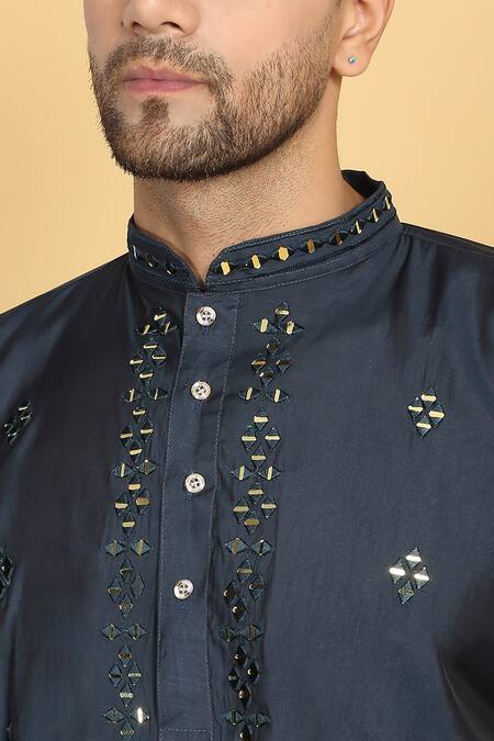 Aham-Vayam Blue Cotton, Silk Mirrors, Embroidery Swarna Work Kurta Set at Aza Fashions Aham-Vayam_Blue Cotton, Silk Mirrors, Embroidery Swarna Work Kurta Set _at_Aza_Fashions