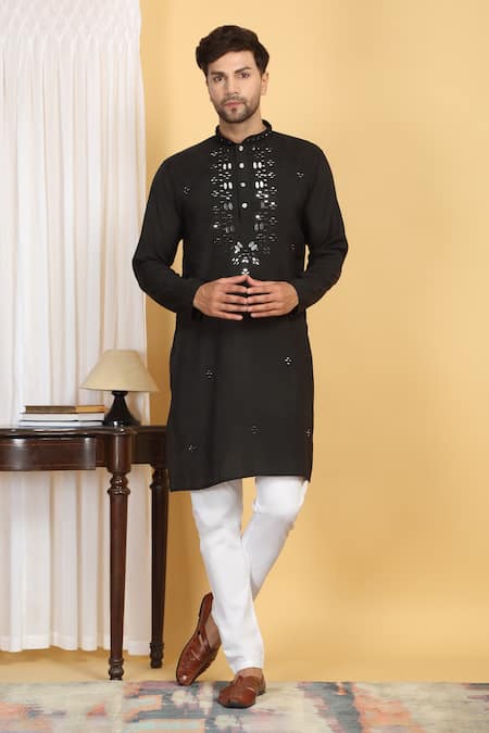 Aham-Vayam_Black Cotton, Silk Mirrors, Embroidery Rajat Threadwork Kurta Set _Online_at_Aza_Fashions