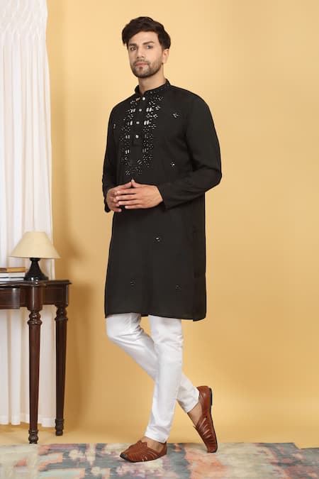 Shop_Aham-Vayam_Black Cotton, Silk Mirrors, Embroidery Rajat Threadwork Kurta Set _Online_at_Aza_Fashions