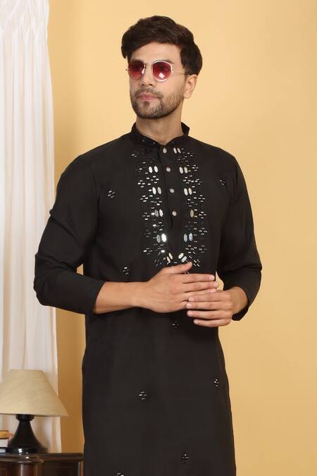 Buy_Aham-Vayam_Black Cotton, Silk Mirrors, Embroidery Rajat Threadwork Kurta Set 
