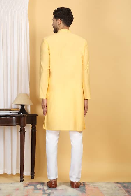 Shop_Aham-Vayam_Yellow Cotton, Silk Embroidery Rajat Mirrorwork Kurta And Pant Set _at_Aza_Fashions