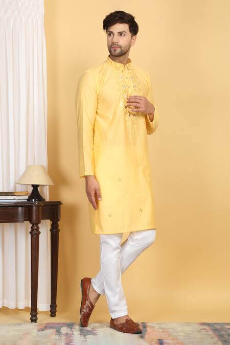 Aham-Vayam_Yellow Cotton, Silk Embroidery Rajat Mirrorwork Kurta And Pant Set _Online_at_Aza_Fashions