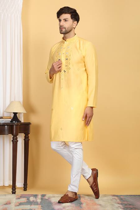 Buy_Aham-Vayam_Yellow Cotton, Silk Embroidery Rajat Mirrorwork Kurta And Pant Set _Online_at_Aza_Fashions