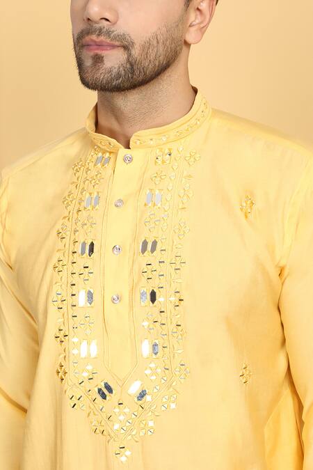 Shop_Aham-Vayam_Yellow Cotton, Silk Embroidery Rajat Mirrorwork Kurta And Pant Set _Online_at_Aza_Fashions