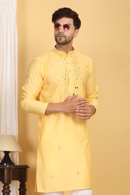 Aham-Vayam_Yellow Cotton, Silk Embroidery Rajat Mirrorwork Kurta And Pant Set _at_Aza_Fashions