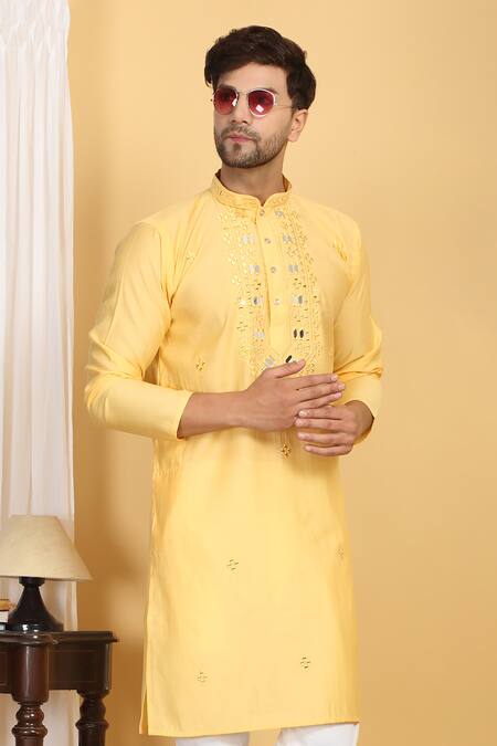 Buy_Aham-Vayam_Yellow Cotton, Silk Embroidery Rajat Mirrorwork Kurta And Pant Set 