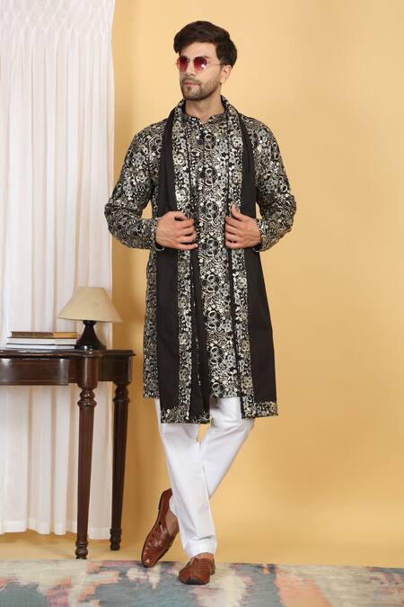 Buy_Aham-Vayam_Black Cotton, Silk Sequins, Zari Divyakriti Embroidered Kurta Set With Dupatta _Online_at_Aza_Fashions