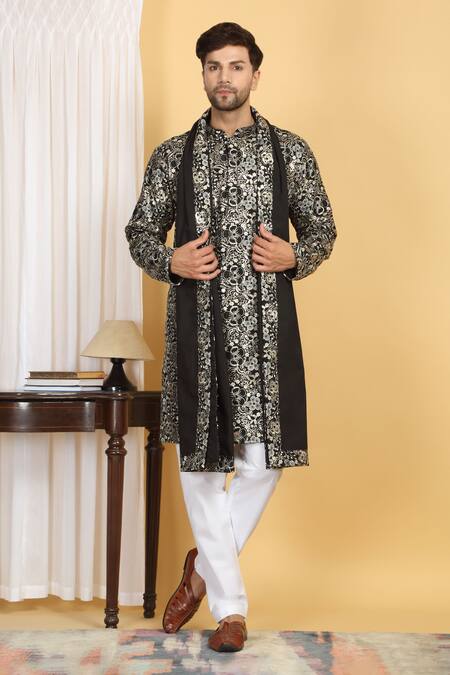 Shop_Aham-Vayam_Black Cotton, Silk Sequins, Zari Divyakriti Embroidered Kurta Set With Dupatta _Online_at_Aza_Fashions