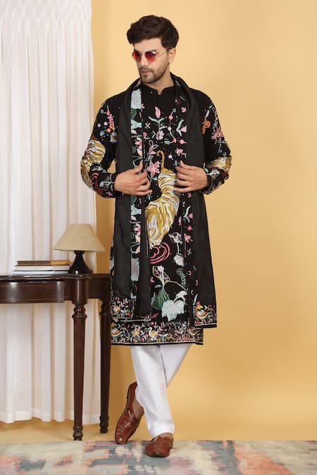 Buy_Aham-Vayam_Black Cotton, Silk Embroidery Forest Tiger Kurta Set_Online_at_Aza_Fashions