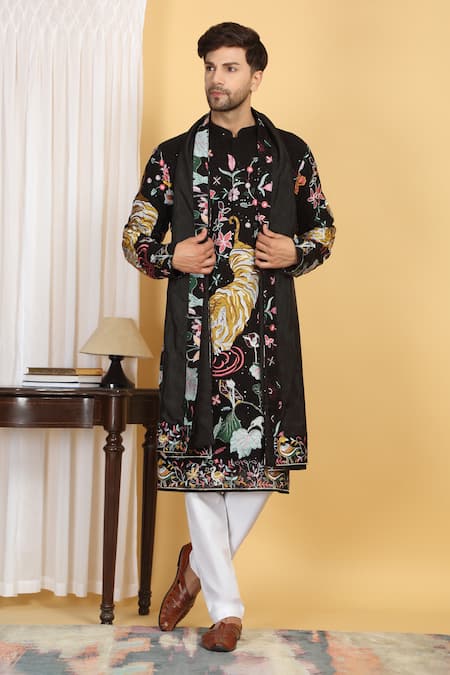 Shop_Aham-Vayam_Black Cotton, Silk Embroidery Forest Tiger Kurta Set_Online_at_Aza_Fashions