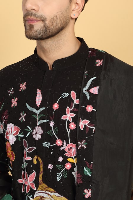Aham-Vayam_Black Cotton, Silk Embroidery Forest Tiger Kurta Set_at_Aza_Fashions