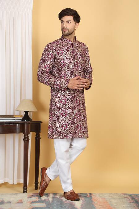 Buy_Aham-Vayam_Purple Cotton, Silk Sequins, Zari Divyakriti Embroidered Kurta Set _Online_at_Aza_Fashions