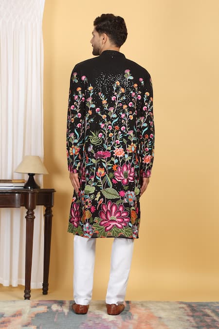 Shop_Aham-Vayam_Black Cotton, Silk Embroidery, Sequins Pushp Vihar Kurta Set _at_Aza_Fashions