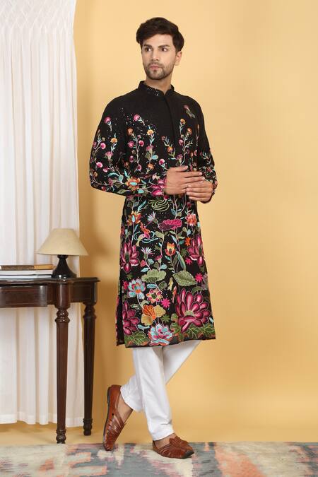 Buy_Aham-Vayam_Black Cotton, Silk Embroidery, Sequins Pushp Vihar Kurta Set _Online_at_Aza_Fashions