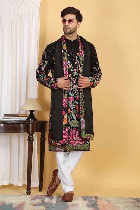 Shop_Aham-Vayam_Black Cotton, Silk Embroidery, Sequins Pushp Vihar Kurta Set _Online_at_Aza_Fashions