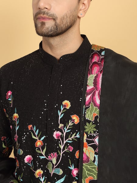 Aham-Vayam_Black Cotton, Silk Embroidery, Sequins Pushp Vihar Kurta Set _at_Aza_Fashions