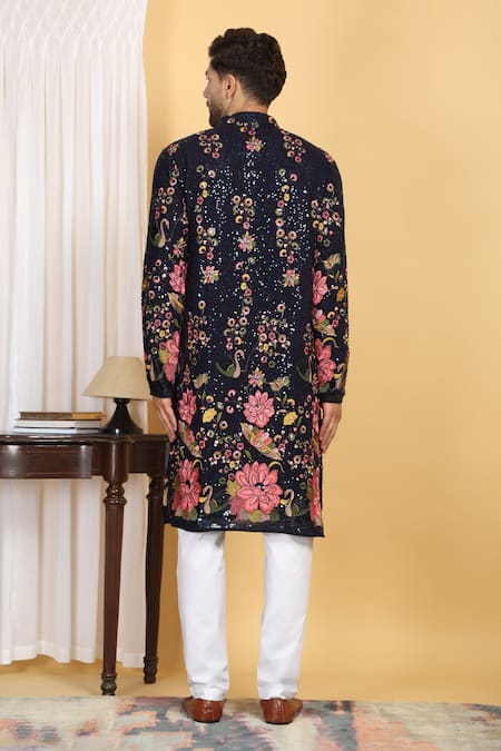 Shop_Aham-Vayam_Blue Cotton, Silk Embroidery, Sequins Upwan Kurta Set _at_Aza_Fashions