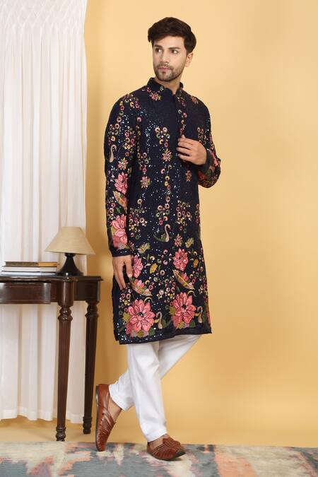 Buy_Aham-Vayam_Blue Cotton, Silk Embroidery, Sequins Upwan Kurta Set _Online_at_Aza_Fashions