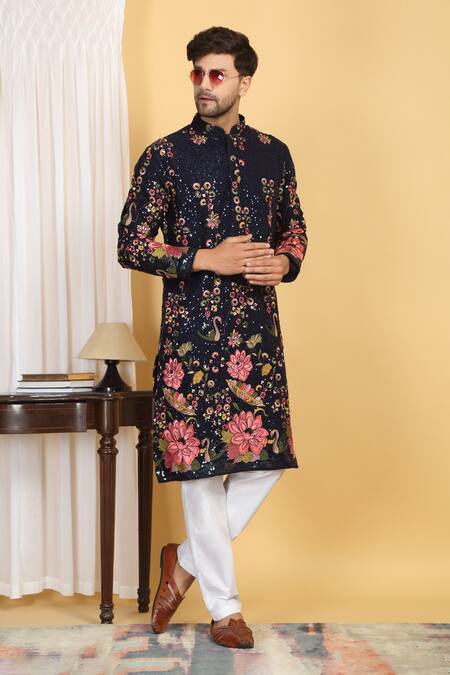 Shop_Aham-Vayam_Blue Cotton, Silk Embroidery, Sequins Upwan Kurta Set _Online_at_Aza_Fashions