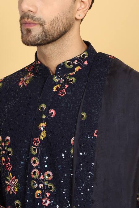 Aham-Vayam_Blue Cotton, Silk Embroidery, Sequins Upwan Kurta Set _at_Aza_Fashions