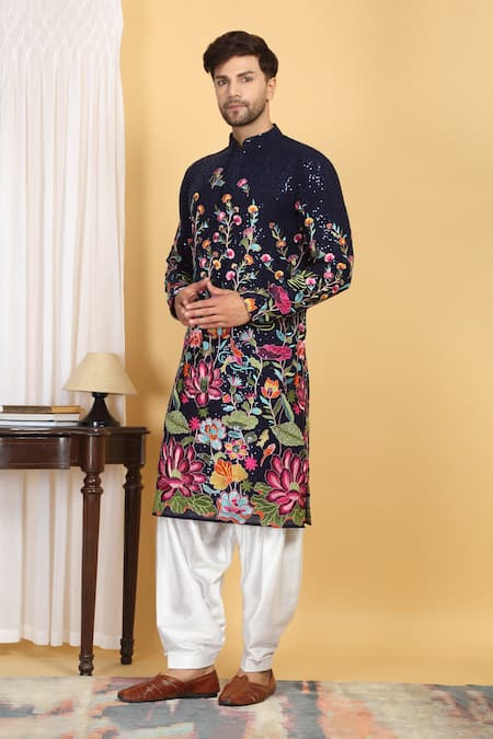 Buy_Aham-Vayam_Blue Cotton, Silk Embroidery, Sequins Pushp Vansh Kurta Set _Online_at_Aza_Fashions