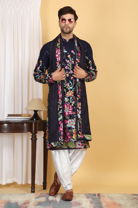 Shop_Aham-Vayam_Blue Cotton, Silk Embroidery, Sequins Pushp Vansh Kurta Set _Online_at_Aza_Fashions