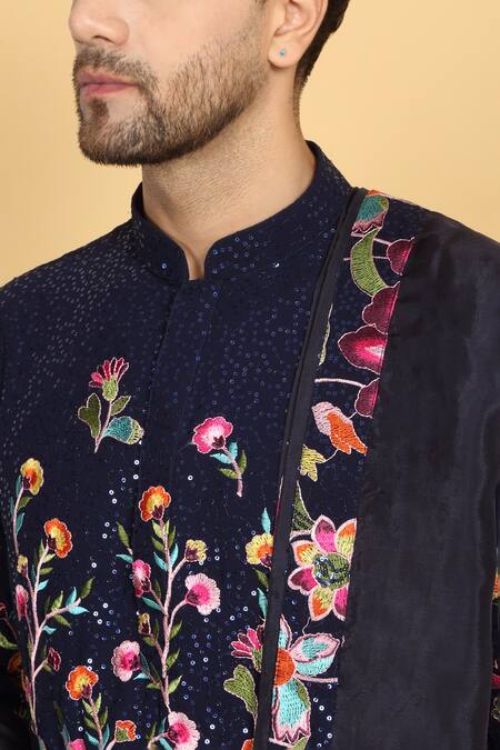 Aham-Vayam_Blue Cotton, Silk Embroidery, Sequins Pushp Vansh Kurta Set _at_Aza_Fashions