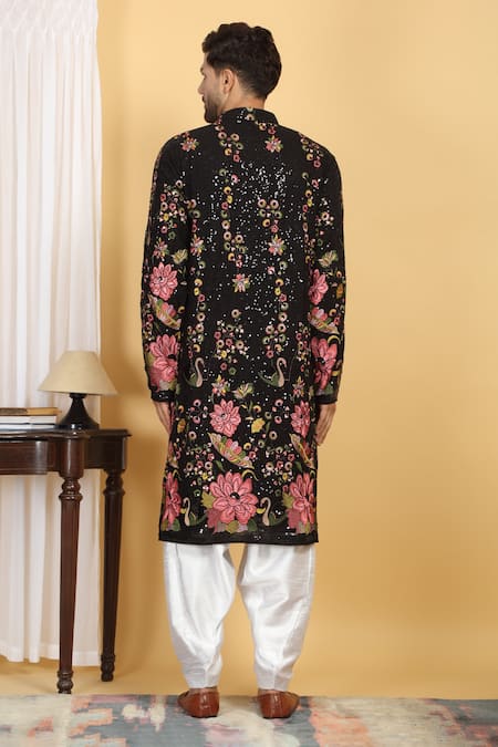 Shop_Aham-Vayam_Black Cotton, Silk Embroidery, Sequins Upwan Floral Kurta Set _at_Aza_Fashions