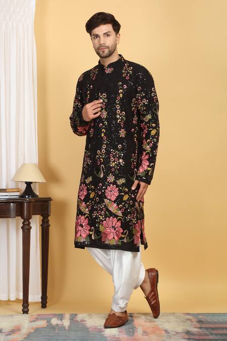 Buy_Aham-Vayam_Black Cotton, Silk Embroidery, Sequins Upwan Floral Kurta Set _Online_at_Aza_Fashions