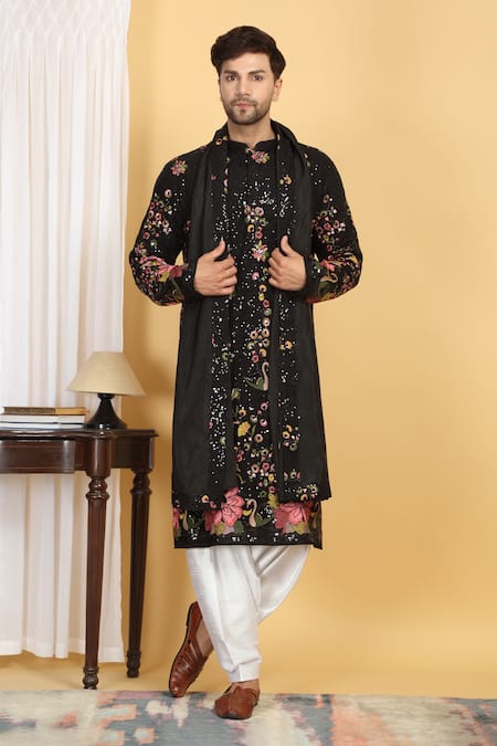 Shop_Aham-Vayam_Black Cotton, Silk Embroidery, Sequins Upwan Floral Kurta Set _Online_at_Aza_Fashions