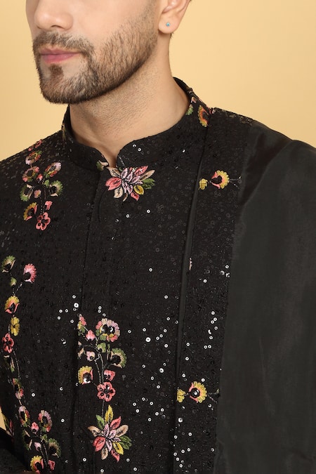 Aham-Vayam_Black Cotton, Silk Embroidery, Sequins Upwan Floral Kurta Set _at_Aza_Fashions