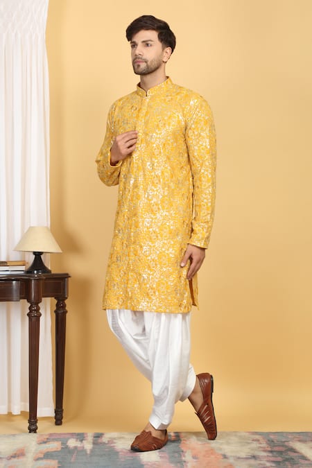 Buy_Aham-Vayam_Yellow Cotton, Silk Sequins, Zari Divyakriti Embroidered Kurta Set _Online_at_Aza_Fashions