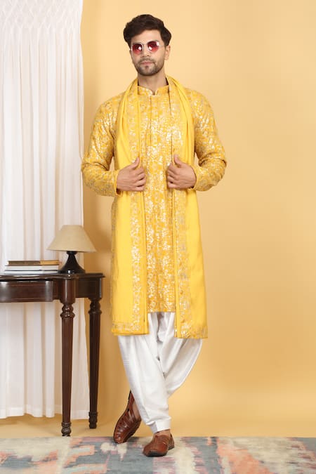 Shop_Aham-Vayam_Yellow Cotton, Silk Sequins, Zari Divyakriti Embroidered Kurta Set _Online_at_Aza_Fashions