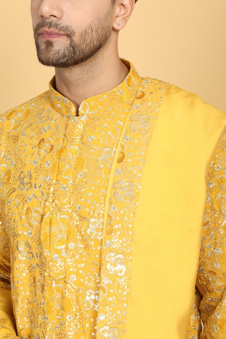 Aham-Vayam_Yellow Cotton, Silk Sequins, Zari Divyakriti Embroidered Kurta Set _at_Aza_Fashions