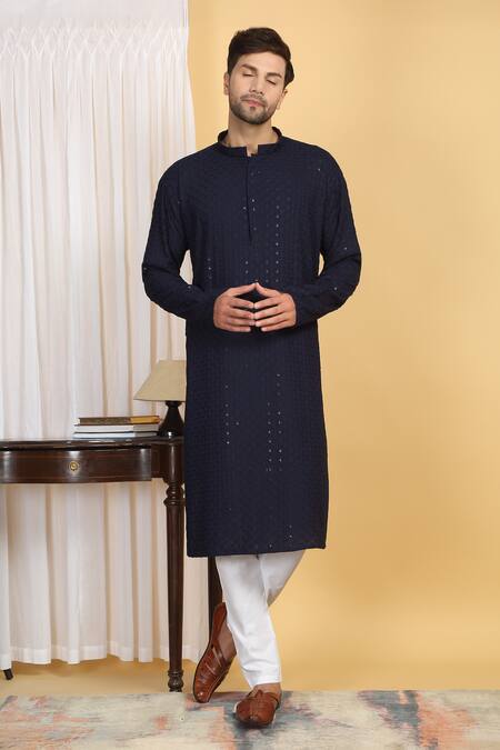 Aham-Vayam Blue Cotton Sequins, Embroidery Bloom Jaal Thread Kurta With Pant Online at Aza Fashions Aham-Vayam_Blue Cotton Sequins, Embroidery Bloom Jaal Thread Kurta With Pant _Online_at_Aza_Fashions