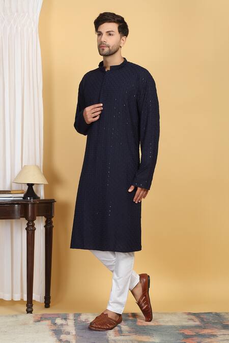 Buy Aham-Vayam Blue Cotton Sequins, Embroidery Bloom Jaal Thread Kurta With Pant Online at Aza Fashions Buy_Aham-Vayam_Blue Cotton Sequins, Embroidery Bloom Jaal Thread Kurta With Pant _Online_at_Aza_Fashions