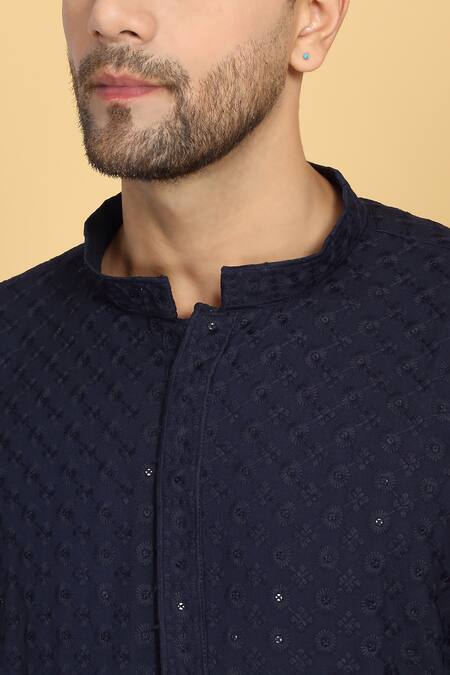 Shop Aham-Vayam Blue Cotton Sequins, Embroidery Bloom Jaal Thread Kurta With Pant Online at Aza Fashions Shop_Aham-Vayam_Blue Cotton Sequins, Embroidery Bloom Jaal Thread Kurta With Pant _Online_at_Aza_Fashions