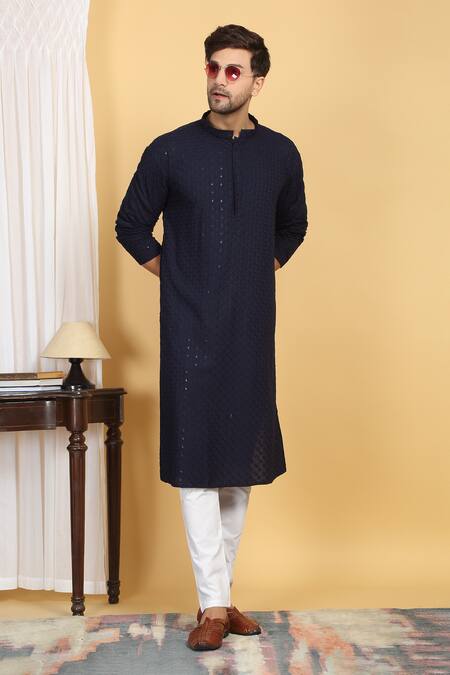 Aham-Vayam Blue Cotton Sequins, Embroidery Bloom Jaal Thread Kurta With Pant at Aza Fashions Aham-Vayam_Blue Cotton Sequins, Embroidery Bloom Jaal Thread Kurta With Pant _at_Aza_Fashions