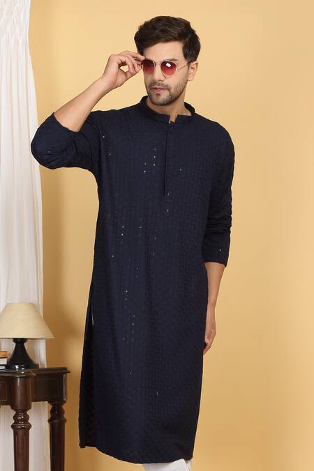 Buy Aham-Vayam Blue Cotton Sequins, Embroidery Bloom Jaal Thread Kurta With Pant Buy_Aham-Vayam_Blue Cotton Sequins, Embroidery Bloom Jaal Thread Kurta With Pant