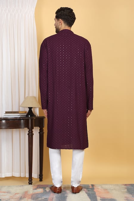 Shop_Aham-Vayam_Purple Cotton Sequins, Embroidery Blossom Jaal Thread Kurta With Pant _at_Aza_Fashions
